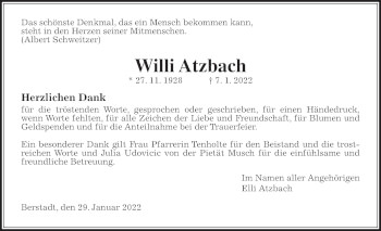 Traueranzeige von Willi Atzbach von Wetterauer Zeitung