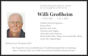 Traueranzeige von Willi Großheim 