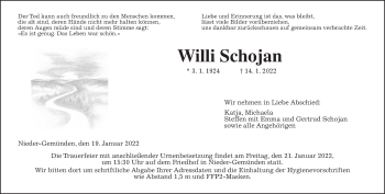 Traueranzeige von Willi Schojan von Alsfelder Allgemeine