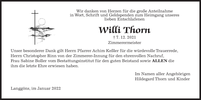  Traueranzeige für Willi Thorn vom 14.01.2022 aus Giessener Allgemeine, Alsfelder Allgemeine, Giessener Anzeiger