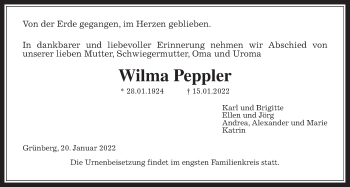Traueranzeige von Wilma Peppler von Heimatzeitung Grünberg + Laubach