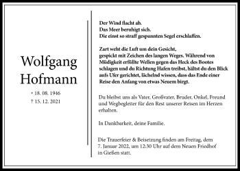 Traueranzeige von Wolfgang Hofmann von Giessener Allgemeine, Alsfelder Allgemeine
