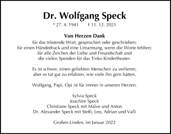 Traueranzeige von Wolfgang Speck von Giessener Allgemeine, Alsfelder Allgemeine, Giessener Anzeiger