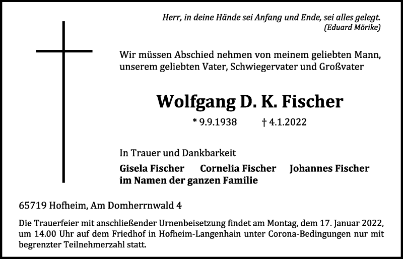  Traueranzeige für Wolfgang D. K. Fischer vom 14.01.2022 aus 