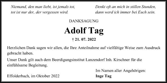 Traueranzeige von Adolf Tag von Kreis-Anzeiger
