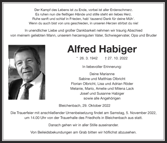 Traueranzeige von Alfred Habiger von Kreis-Anzeiger