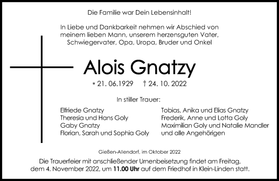 Traueranzeige von Alois Gnatzy von Giessener Allgemeine, Alsfelder Allgemeine