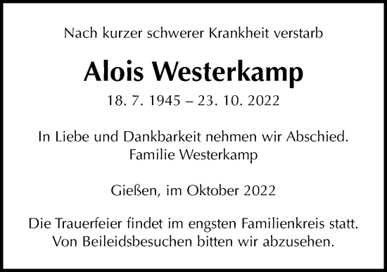 Traueranzeige von Alois Westerkamp von Giessener Allgemeine, Alsfelder Allgemeine, Giessener Anzeiger
