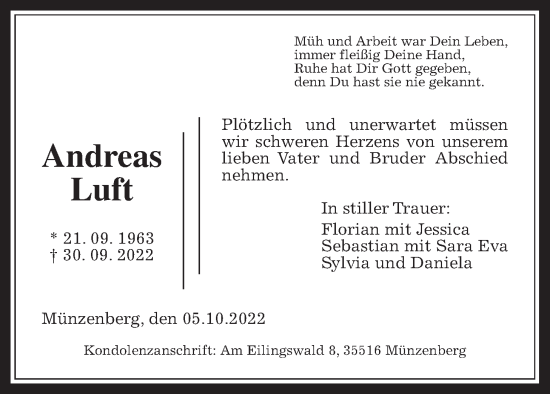 Traueranzeige von Andreas Luft von Wetterauer Zeitung