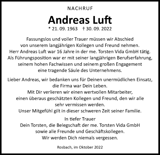 Traueranzeige von Andreas Luft von Wetterauer Zeitung