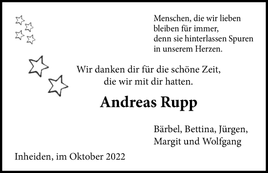 Traueranzeige von Andreas Rupp von Licher Wochenblatt