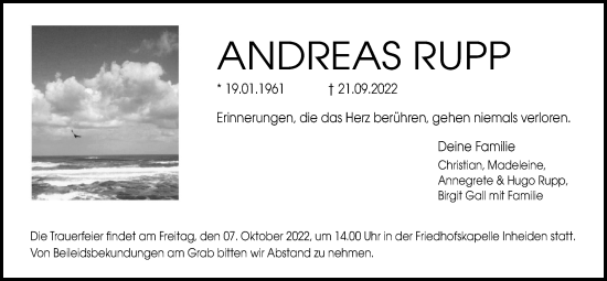 Traueranzeige von Andreas Rupp von Wetterauer Zeitung, Giessener Allgemeine, Alsfelder Allgemeine