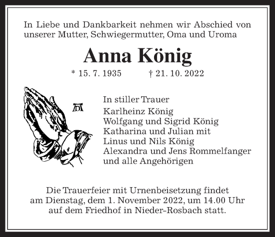 Traueranzeige von Anna König von Wetterauer Zeitung