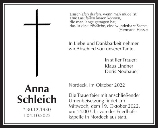 Traueranzeige von Anna Schleich von Allendorfer Mitteilungen, Wetterauer Zeitung, Giessener Allgemeine, Alsfelder Allgemeine, Giessener Anzeiger