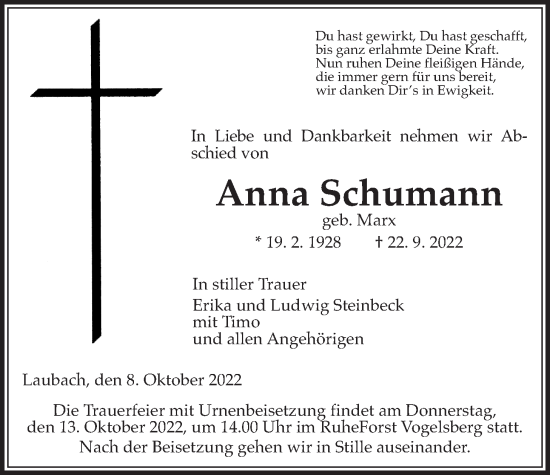 Traueranzeige von Anna Schumann von Giessener Allgemeine, Alsfelder Allgemeine