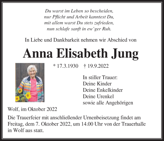 Traueranzeige von Anna Elisabeth Jung von Kreis-Anzeiger