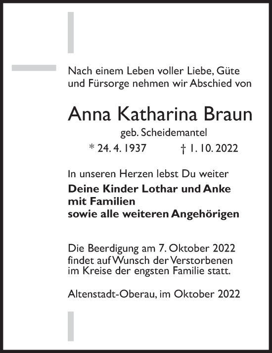 Traueranzeige von Anna Katharina Braun von Kreis-Anzeiger