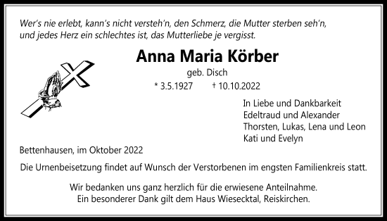 Traueranzeige von Anna Maria Körber von Licher Wochenblatt