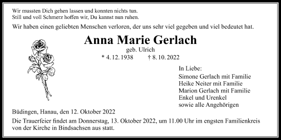 Traueranzeige von Anna Marie Gerlach von Kreis-Anzeiger