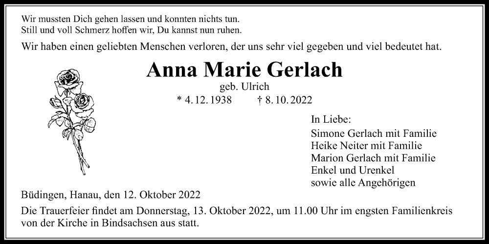  Traueranzeige für Anna Marie Gerlach vom 12.10.2022 aus Kreis-Anzeiger