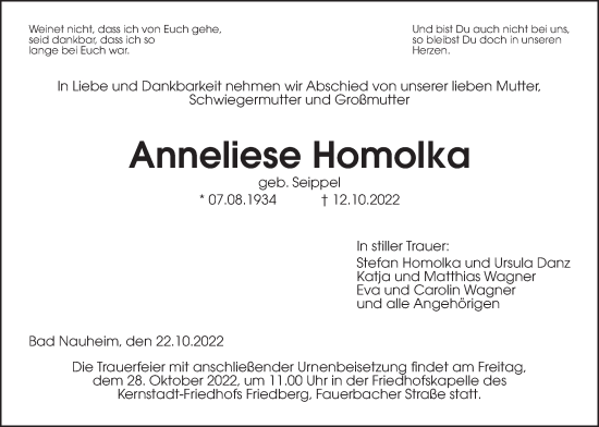 Traueranzeige von Anneliese Homolka von Wetterauer Zeitung