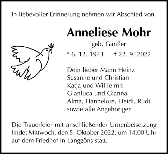 Traueranzeige von Anneliese Mohr von Giessener Anzeiger