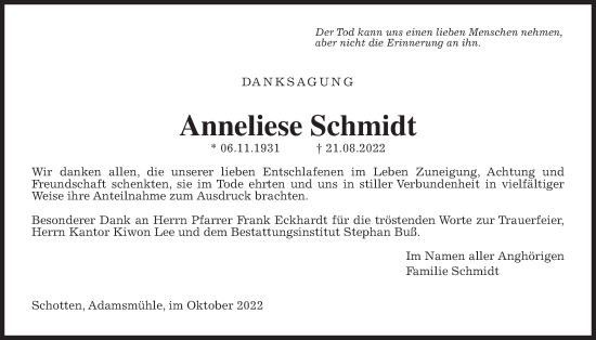 Traueranzeige von Anneliese Schmidt von Kreis-Anzeiger