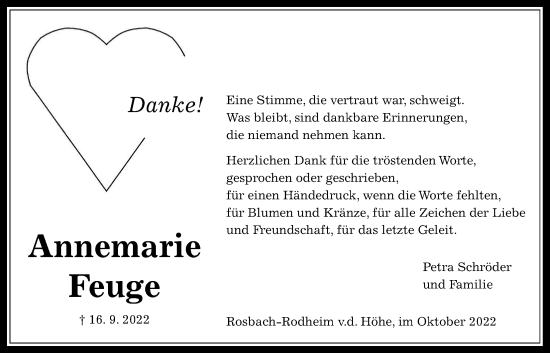 Traueranzeige von Annemarie Feuge von Wetterauer Zeitung