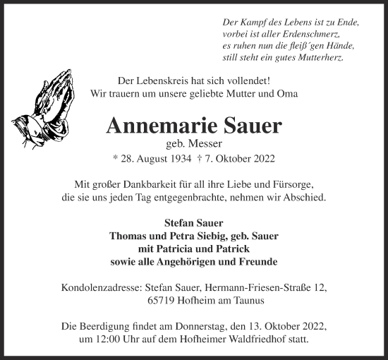 Traueranzeige von Annemarie Sauer 
