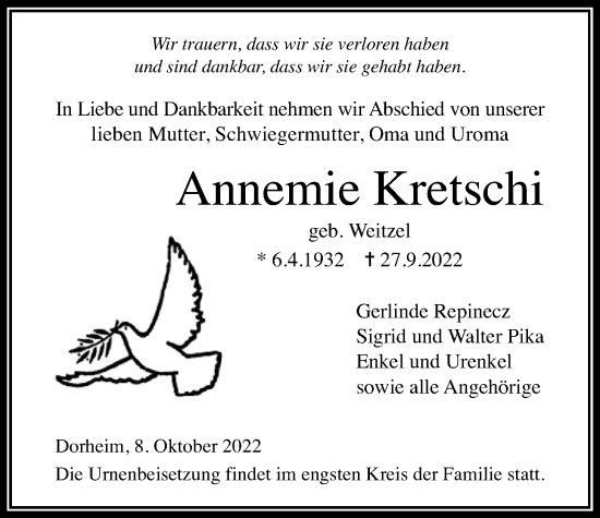Traueranzeige von Annemie Kretschi von Wetterauer Zeitung