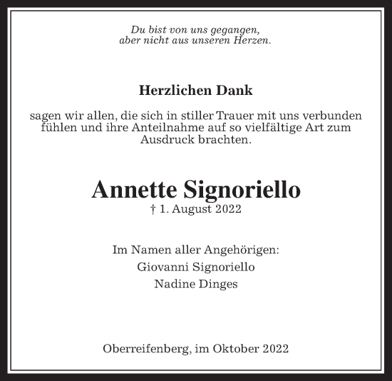 Traueranzeige von Annette Signoriello von Usinger Anzeiger