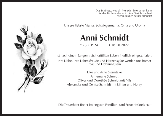 Traueranzeige von Anni Schmidt von Wetterauer Zeitung