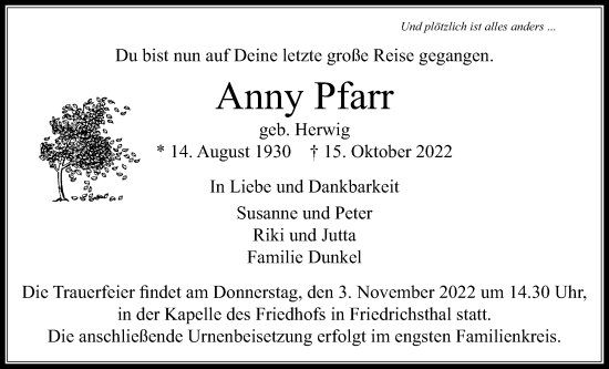 Traueranzeige von Anny Pfarr von Usinger Anzeiger