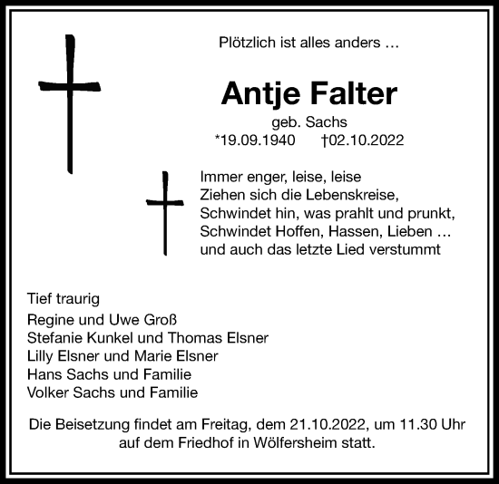 Traueranzeige von Antje Falter von Wetterauer Zeitung