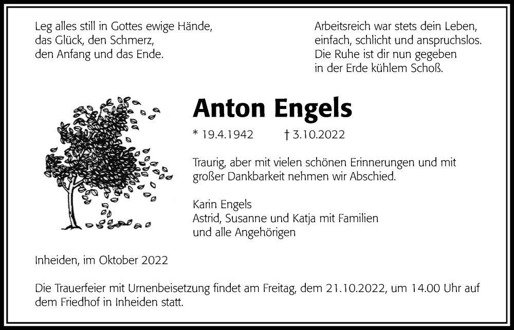  Traueranzeige für Anton Engels vom 13.10.2022 aus Licher Wochenblatt