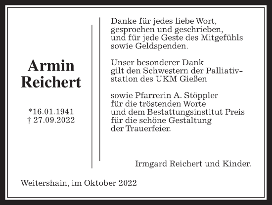 Traueranzeige von Armin Reichert von Giessener Allgemeine, Alsfelder Allgemeine