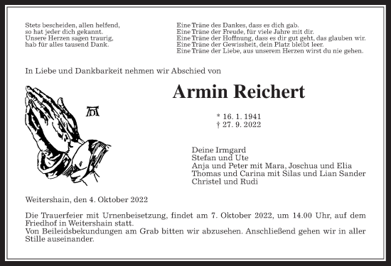 Traueranzeige von Armin Reichert von Giessener Allgemeine, Alsfelder Allgemeine