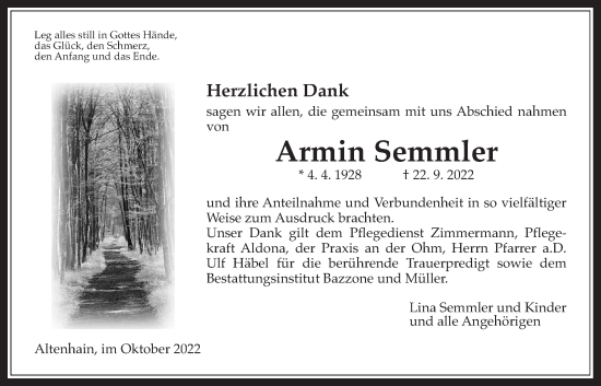 Traueranzeige von Armin Semmler von Giessener Allgemeine, Alsfelder Allgemeine