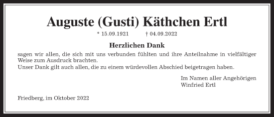 Traueranzeige von Auguste Käthchen Ertl von Wetterauer Zeitung