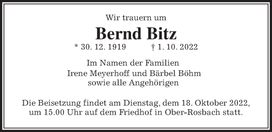 Traueranzeige von Bernd Bitz von Wetterauer Zeitung