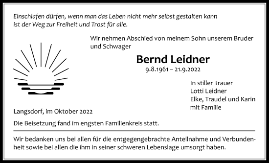 Traueranzeige von Bernd Leidner von Licher Wochenblatt