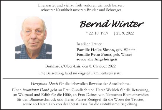 Traueranzeige von Bernd Winter von Kreis-Anzeiger