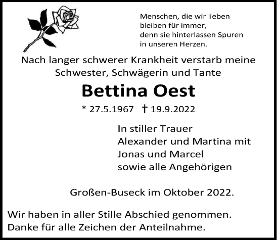 Traueranzeige von Bettina Oest von Giessener Allgemeine, Alsfelder Allgemeine