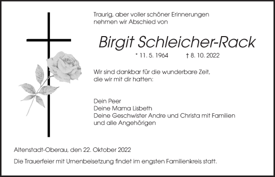 Traueranzeige von Birgit Schleicher-Rack von Kreis-Anzeiger