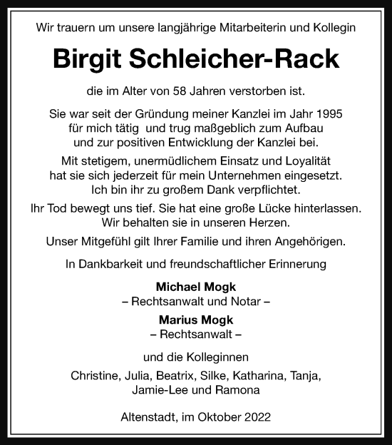 Traueranzeige von Birgit Schleicher-Rack von Kreis-Anzeiger