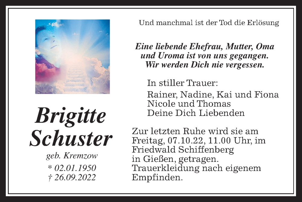  Traueranzeige für Brigitte Schuster vom 01.10.2022 aus Wetterauer Zeitung, Giessener Allgemeine, Alsfelder Allgemeine