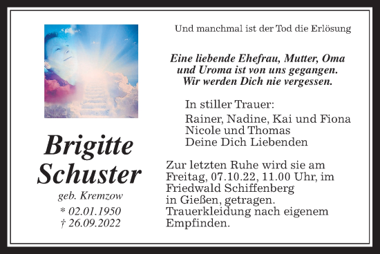 Traueranzeige von Brigitte Schuster von Wetterauer Zeitung, Giessener Allgemeine, Alsfelder Allgemeine