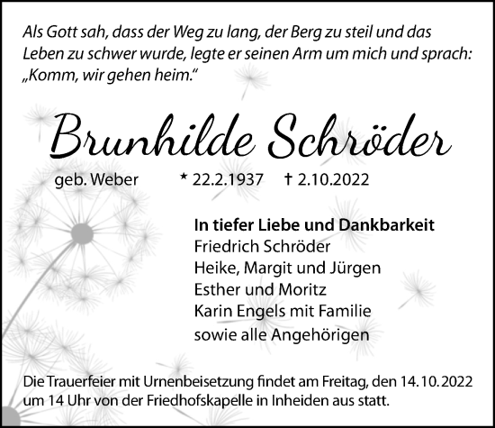 Traueranzeige von Brunhilde Schröder von Giessener Allgemeine, Alsfelder Allgemeine