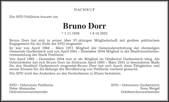 Traueranzeige von Bruno Dorr von Pohlheimer Nachrichten