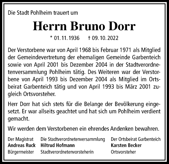 Traueranzeige von Bruno Dorr von Pohlheimer Nachrichten